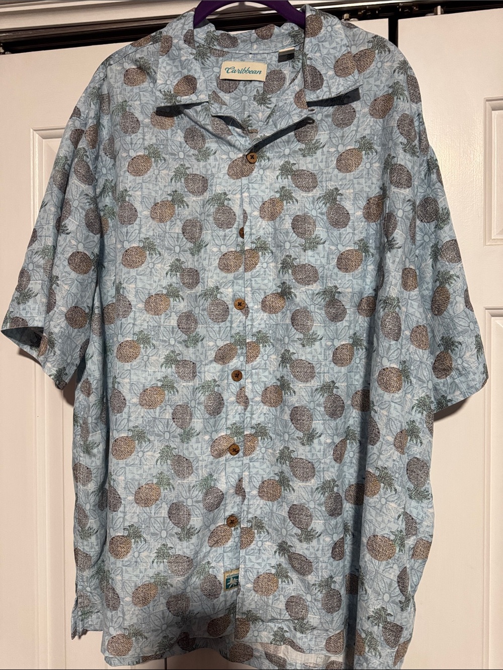 Caribbean Light Blue Pineapple-Pattern Short Sleeve Button-Up Shirt